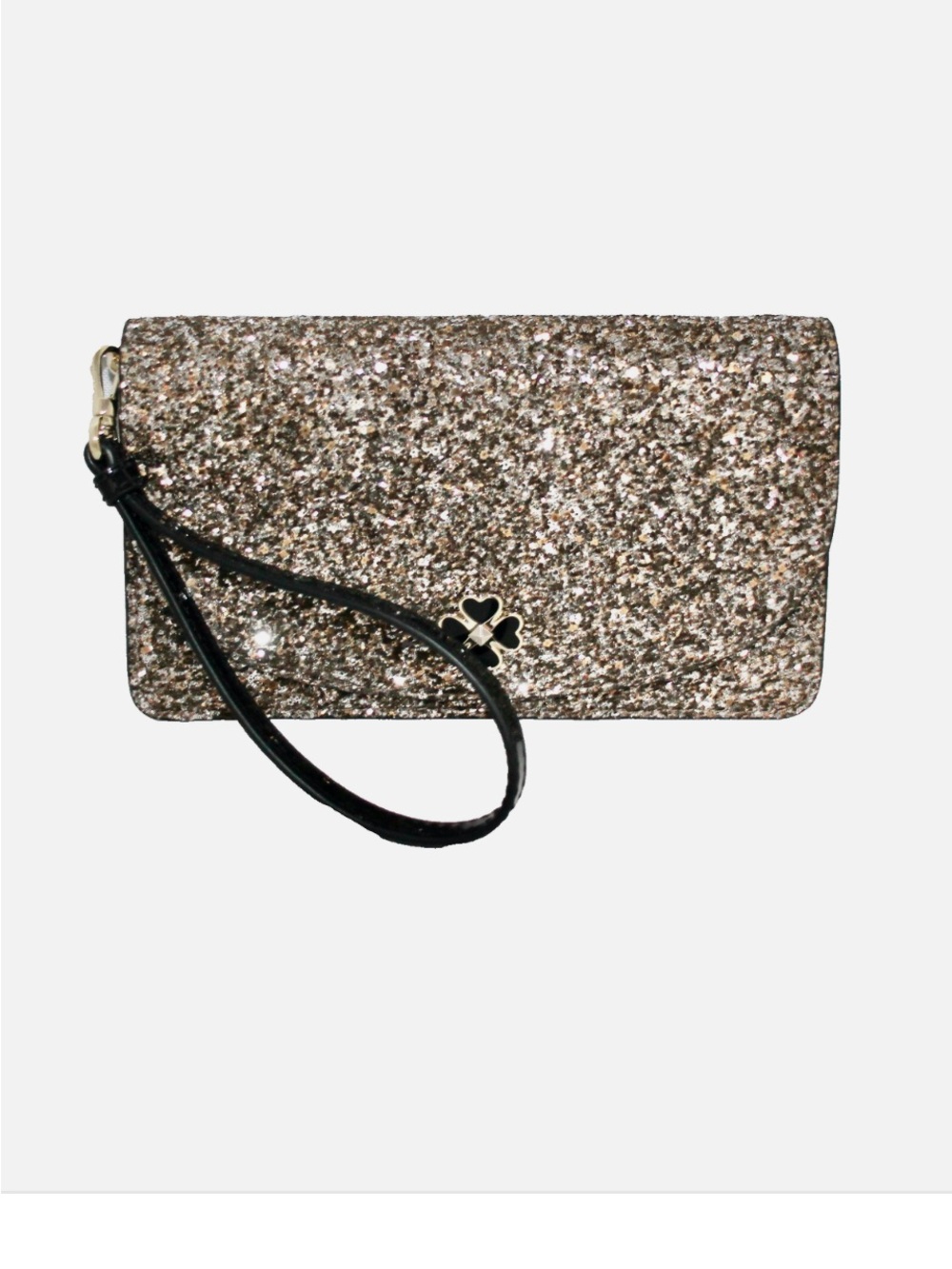 Kate Spade Gold Glitter Wristlet Clutch with Black Strap